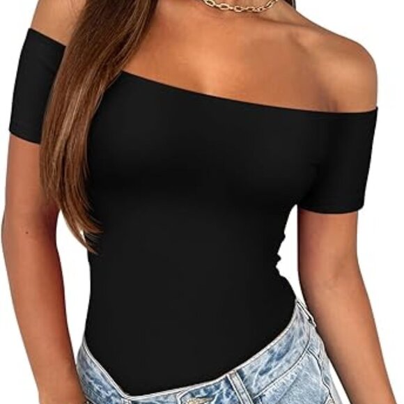 Y2K Sexy Off-Shoulder Bodysuit | Black Onyx Backless Snatched Top (XXL) - Picture 1 of 6